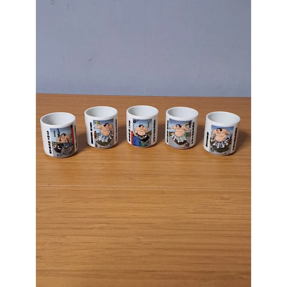 Vintage Japanese Sumo Wrestler Sake Cup Set 5pc Ceramic Ochoko Ukiyo-e Art White